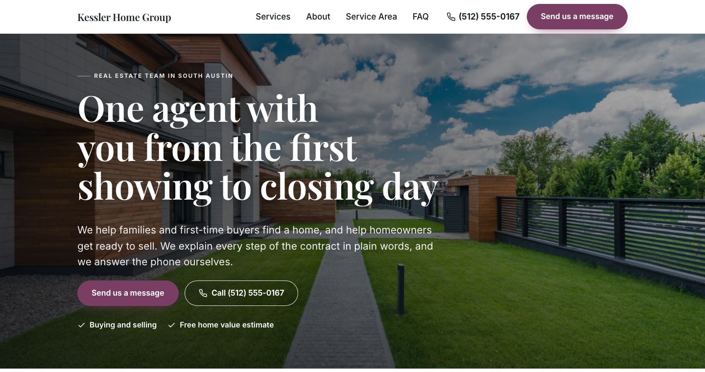 The home page of Kessler Home Group, a made-up real estate business the TruLata site builder made