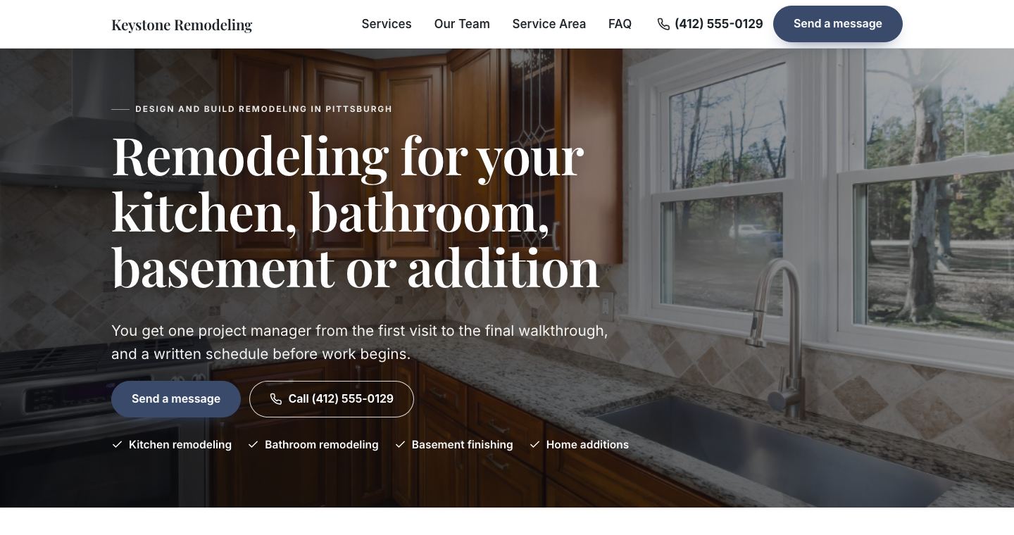 The home page of Keystone Remodeling, a made-up remodeling company the TruLata site builder made