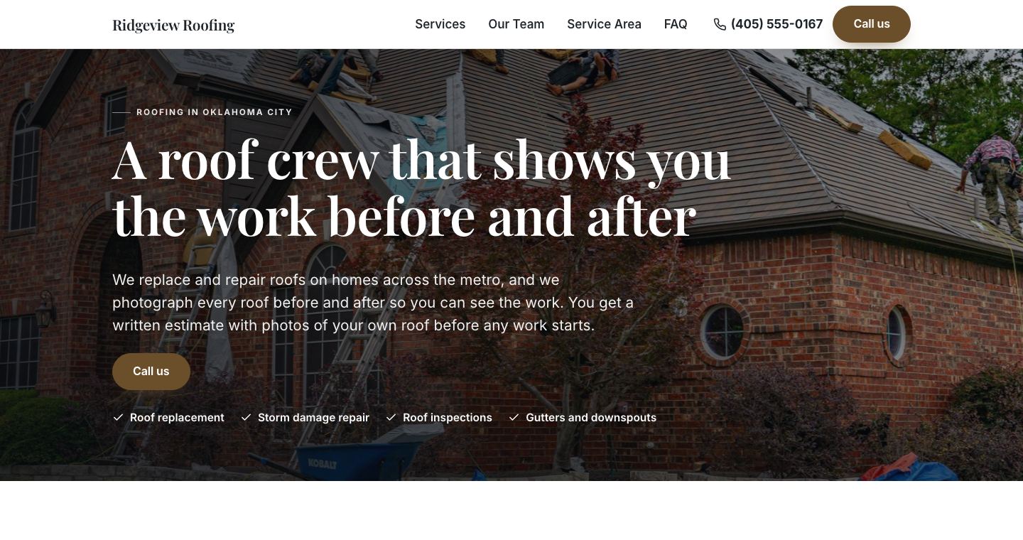 The home page of Ridgeview Roofing, a made-up roofing company the TruLata site builder made