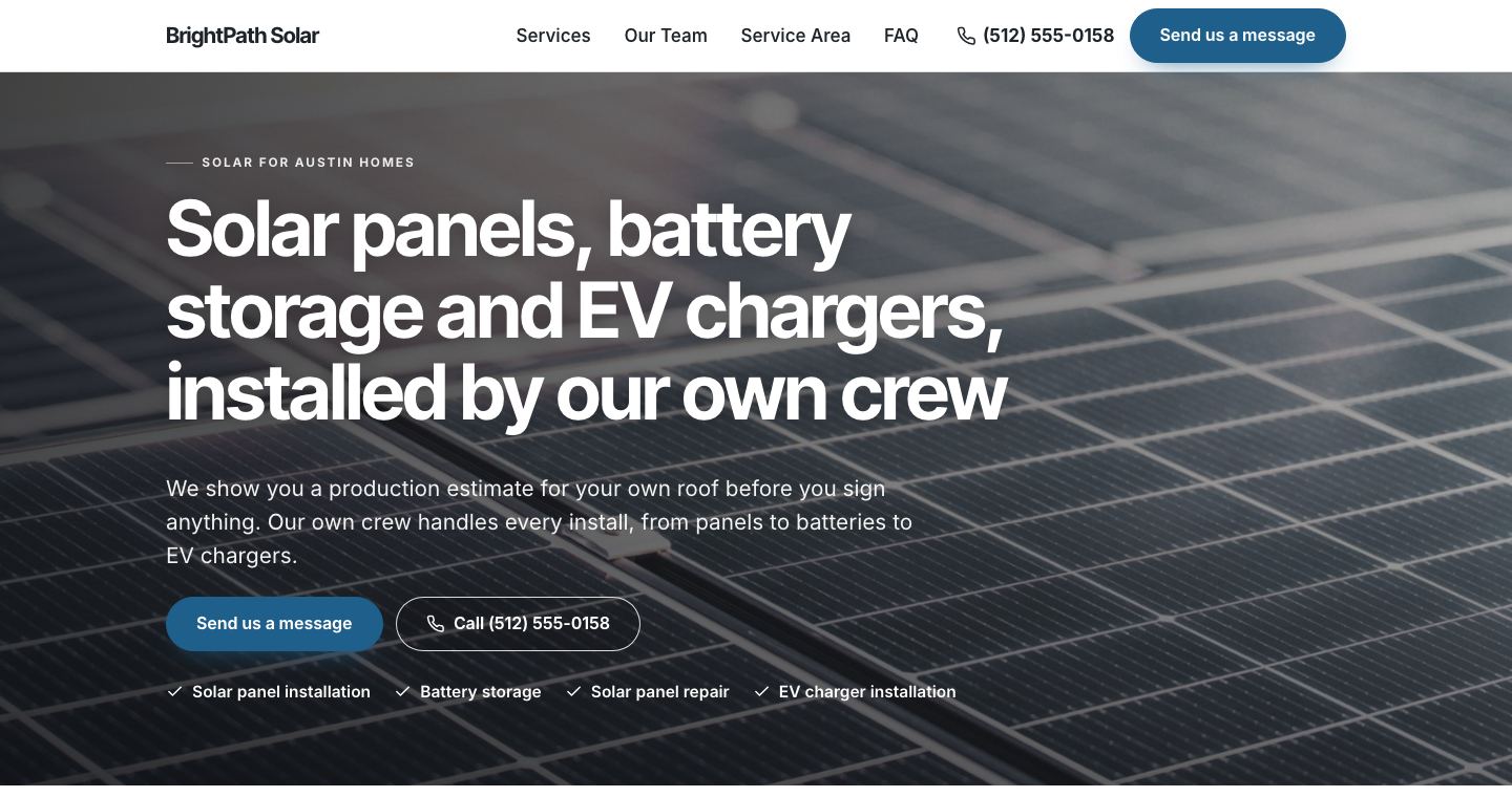 The home page of BrightPath Solar, a made-up solar company the TruLata site builder made