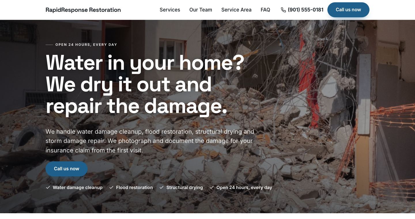 The home page of RapidResponse Restoration, a made-up restoration company the TruLata site builder made