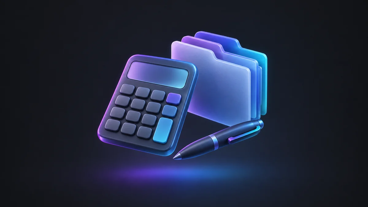 Illustration: a glass calculator, a stack of file folders and a pen, lit in purple and cyan on charcoal.