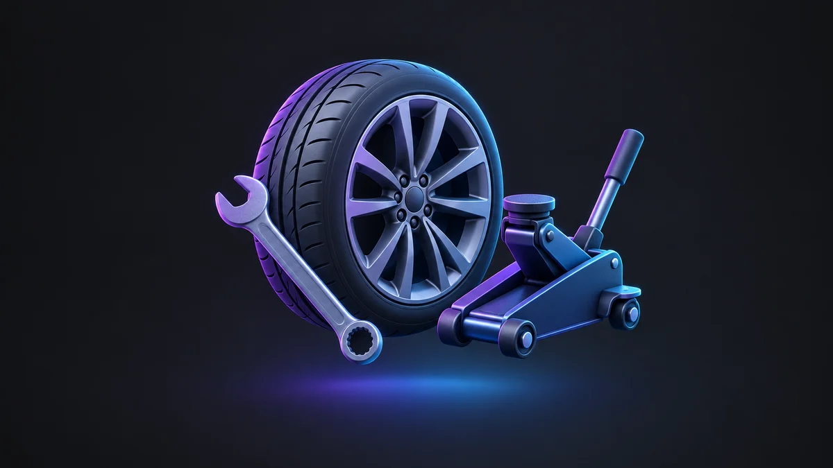 Illustration: a car wheel and tire beside a wrench and a floor jack.