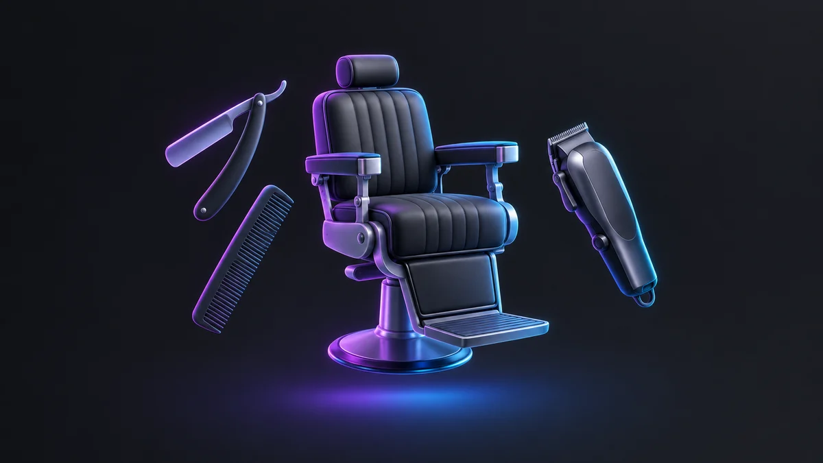 Illustration: a black leather barber chair floating between a straight razor, a comb and a pair of clippers.