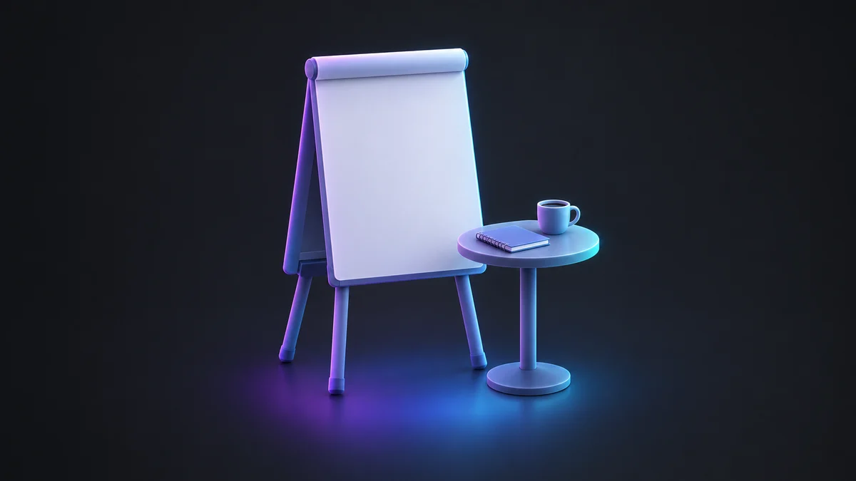 Illustration: a blank flip chart on an easel beside a small round table with a notebook and a coffee cup, lit in purple and blue.