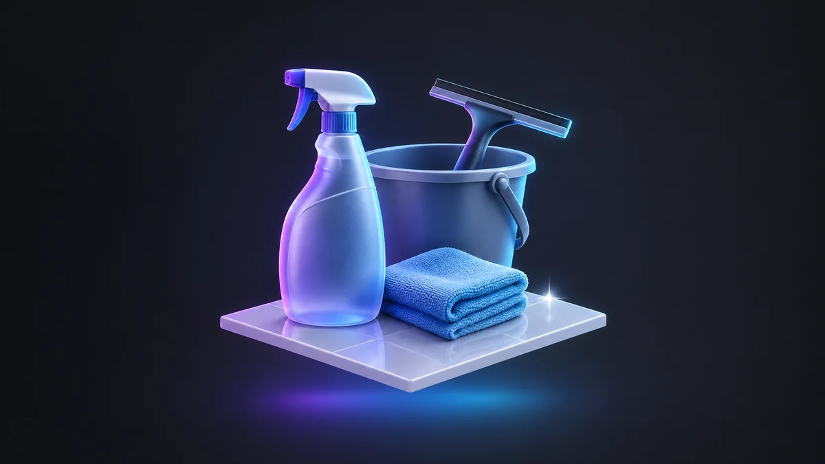 Illustration: a spray bottle, a bucket with a squeegee and a folded microfiber cloth on a square of tile.
