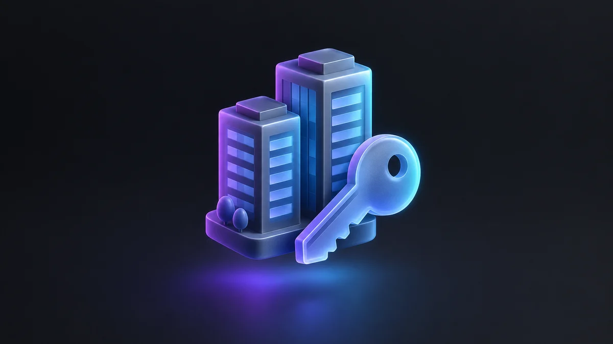 Illustration: two glass office towers on a small base beside a large key, lit in purple and blue.