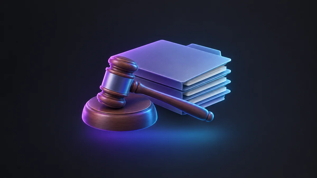 Illustration: a wooden gavel on its block beside a neat stack of case folders, lit in purple and blue.