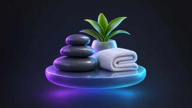 Illustration: stacked spa stones, a folded towel and a small plant