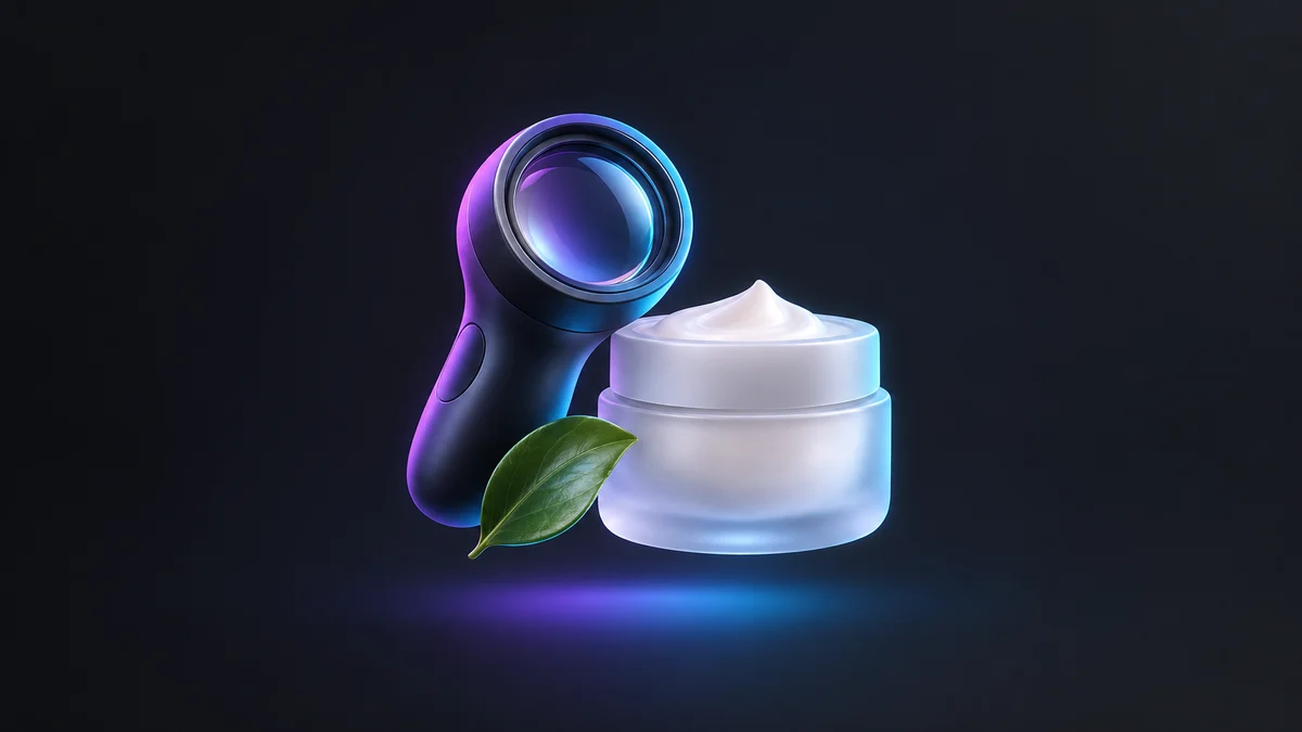 Illustration: a handheld skin exam scope with a round lens beside a frosted jar of cream and a green leaf.