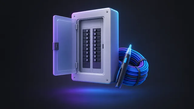 Illustration: an open electrical panel with a coil of wire and a voltage tester