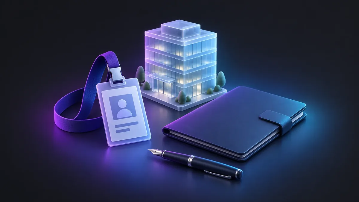 Illustration: an employee ID badge on a lanyard beside a small glowing glass office building, a closed folder and a fountain pen, lit in purple and blue.