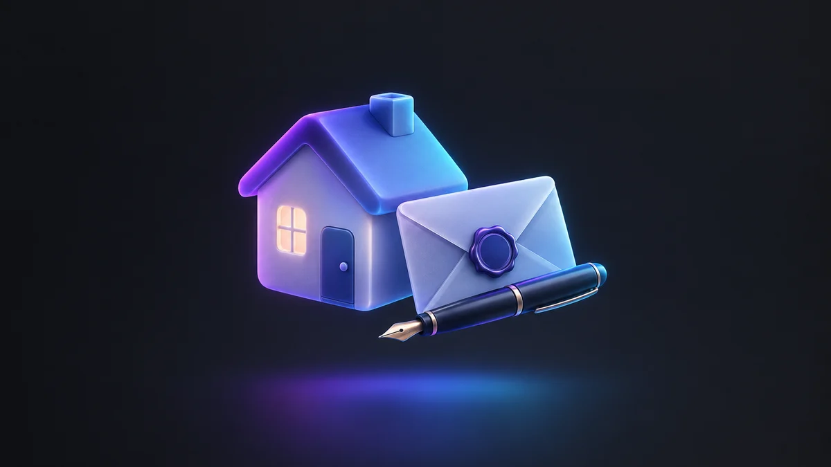 Illustration: a small house with a lit window beside a sealed envelope and a fountain pen, lit in purple and blue.