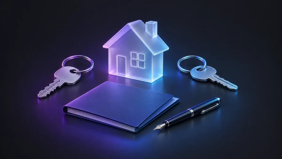 Illustration: two house keys on separate rings beside a small glowing glass house, a closed folder and a fountain pen, lit in purple and blue.