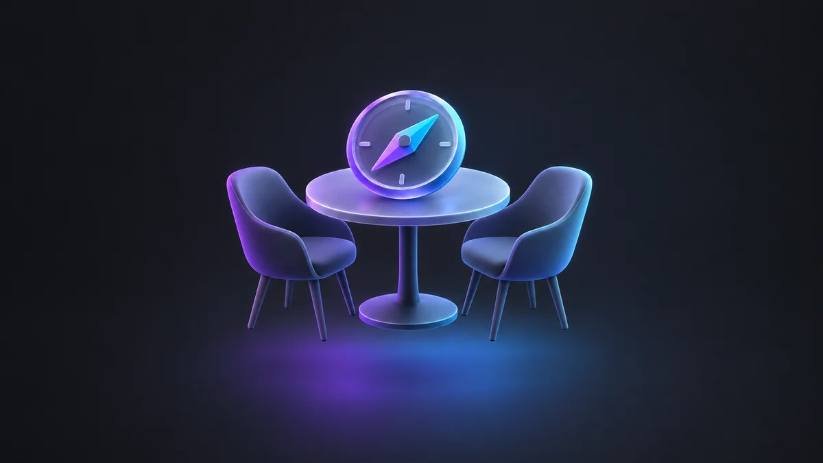 Illustration: a compass on a round meeting table between two empty chairs.