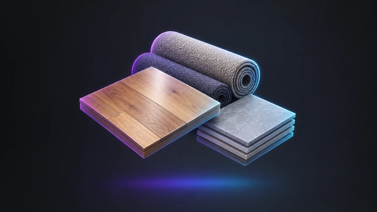 Illustration: a stack of hardwood planks, two rolls of carpet and a stack of stone tiles, lit in purple and blue.
