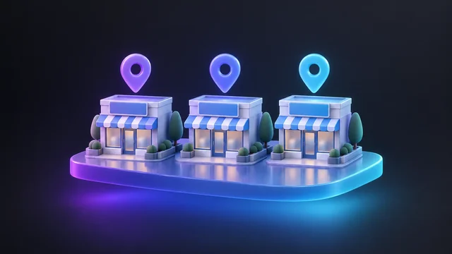Illustration: three identical storefronts with location pins above them