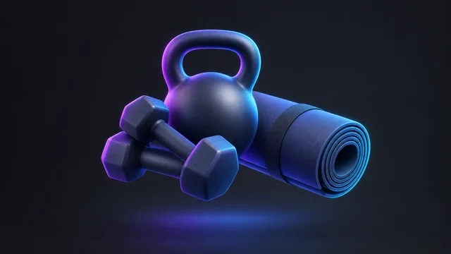 Illustration: a kettlebell, dumbbells and a rolled exercise mat