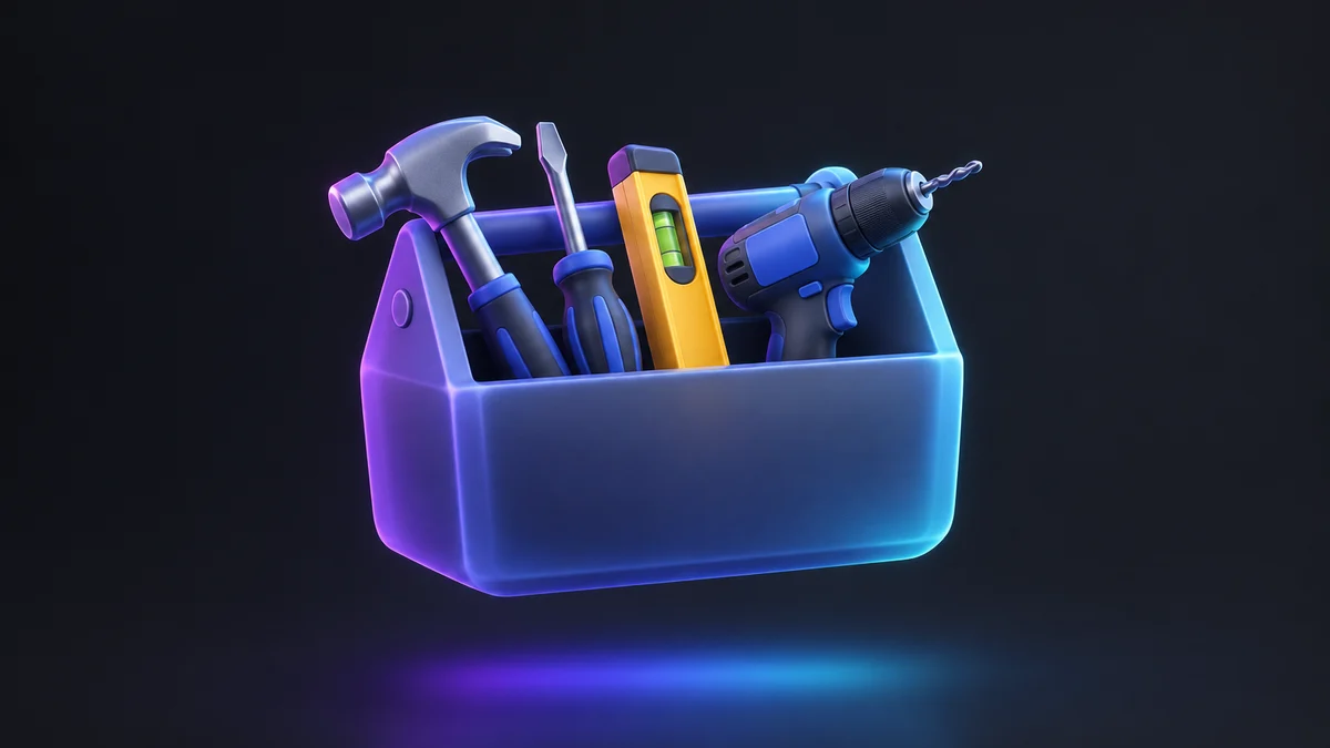 Illustration: an open tool tote holding a hammer, a screwdriver, a spirit level and a cordless drill.