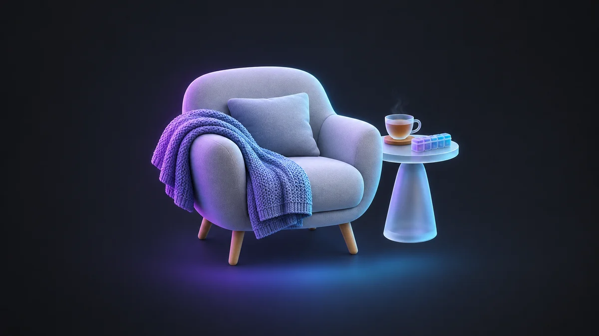 Illustration: a soft armchair with a knitted throw and a cushion, beside a small side table holding a cup of tea.