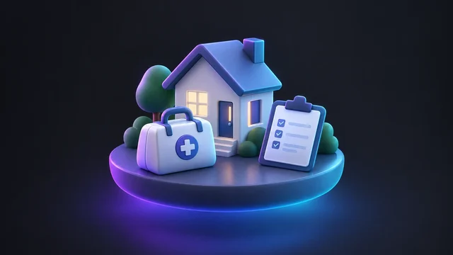 Illustration: a small house with a medical visit bag and a clipboard
