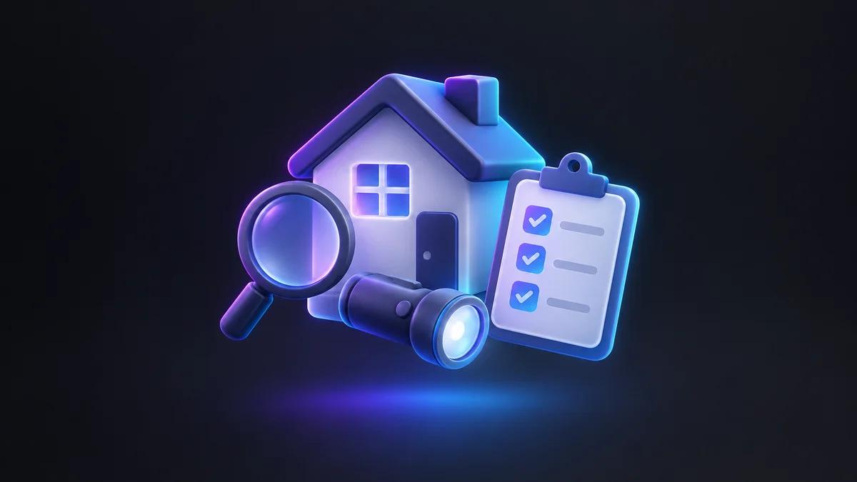 Illustration: a small house with a magnifying glass, a flashlight and a clipboard of checked items, lit in purple and blue.