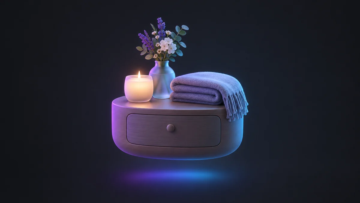 Illustration: a rounded nightstand holding a softly lit candle, a vase of lavender and white flowers and a folded blanket.