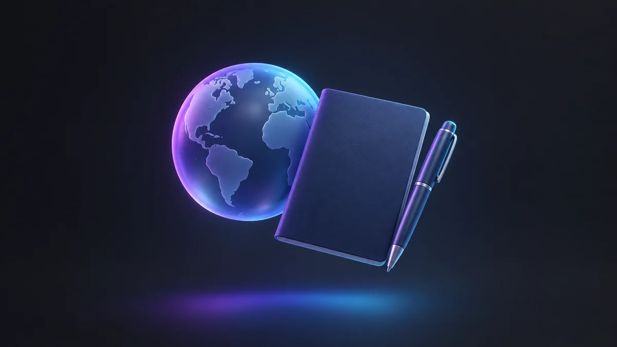 Illustration: a glowing globe beside a closed booklet and a pen, lit in purple and blue.