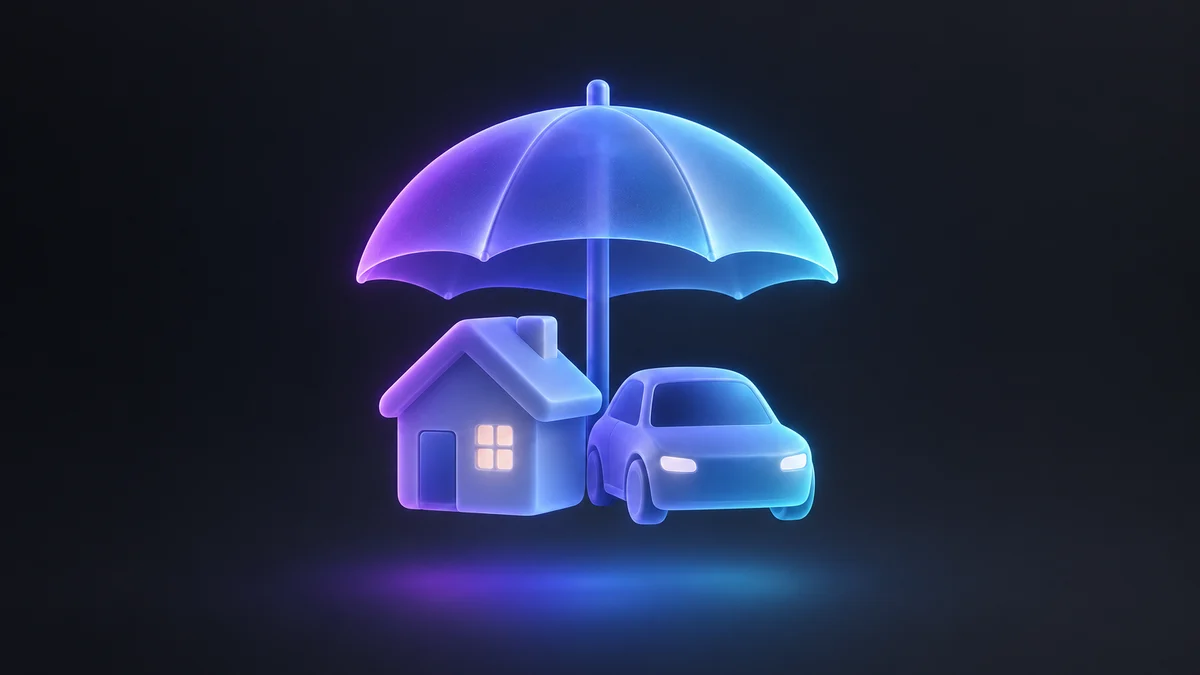 Illustration: a glass umbrella sheltering a small house and a car, lit in purple and cyan on charcoal.