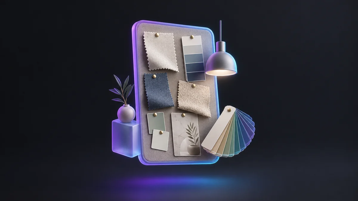 Illustration: a mood board pinned with fabric swatches and paint chips beside a pendant lamp, a small plant and a fan of color samples.