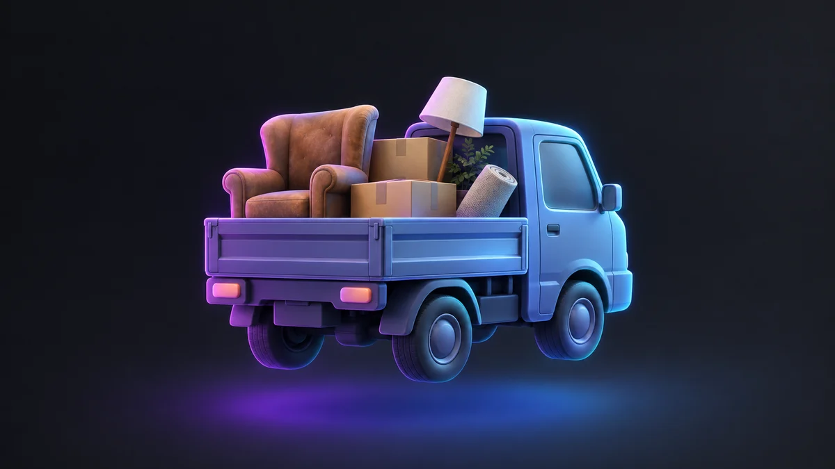Illustration: a small truck loaded with an armchair, cardboard boxes, a floor lamp and a rolled rug.