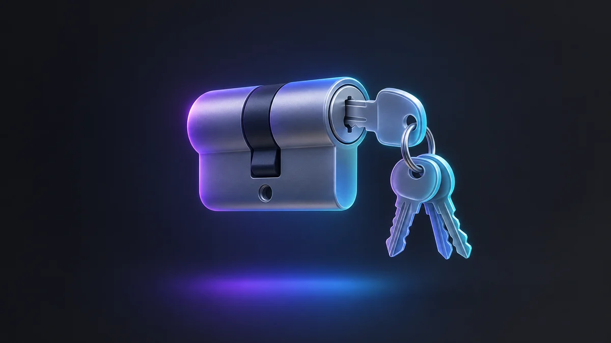Illustration: a lock cylinder with a key in it and two more keys hanging from the ring.
