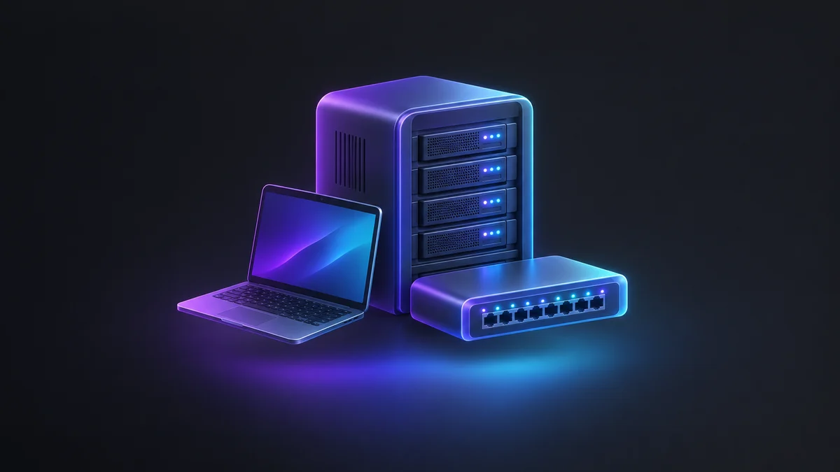 Illustration: a small server tower with glowing drive bays beside an open laptop and a network switch, lit in purple and blue.