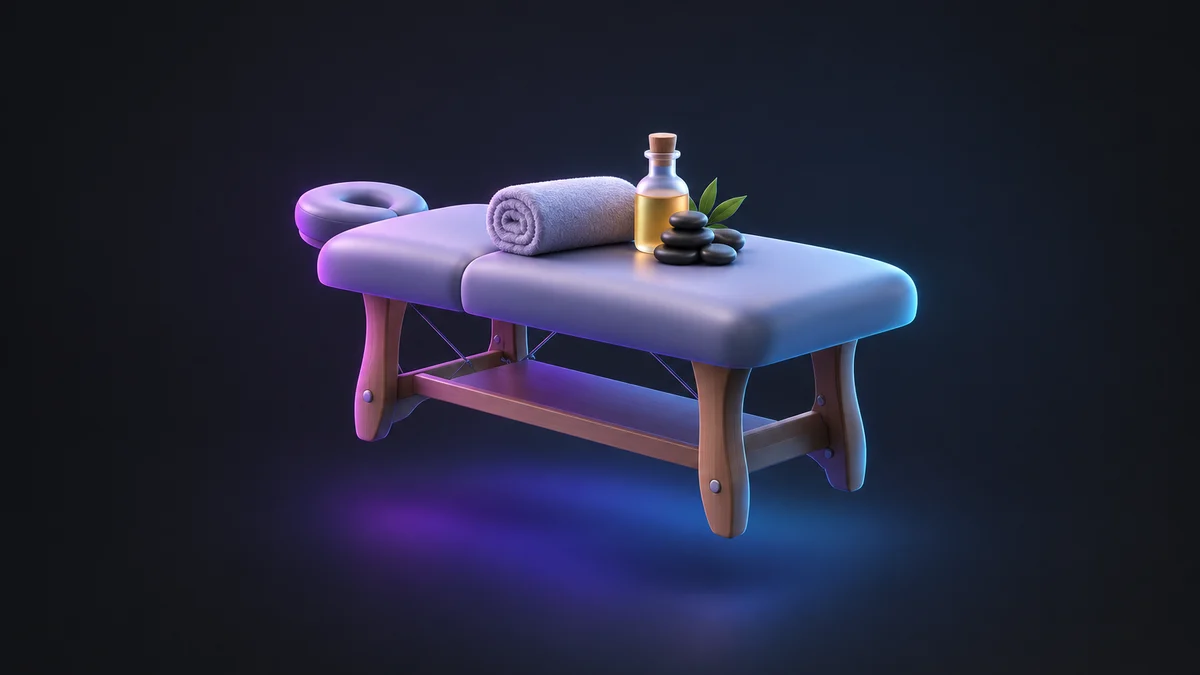 Illustration: a padded massage table with a rolled towel, a small bottle of oil and a stack of smooth stones, lit in purple and blue.