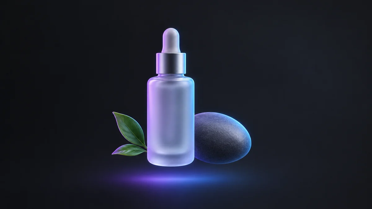 Illustration: a frosted serum bottle with a dropper cap beside a smooth dark stone and a green leaf.