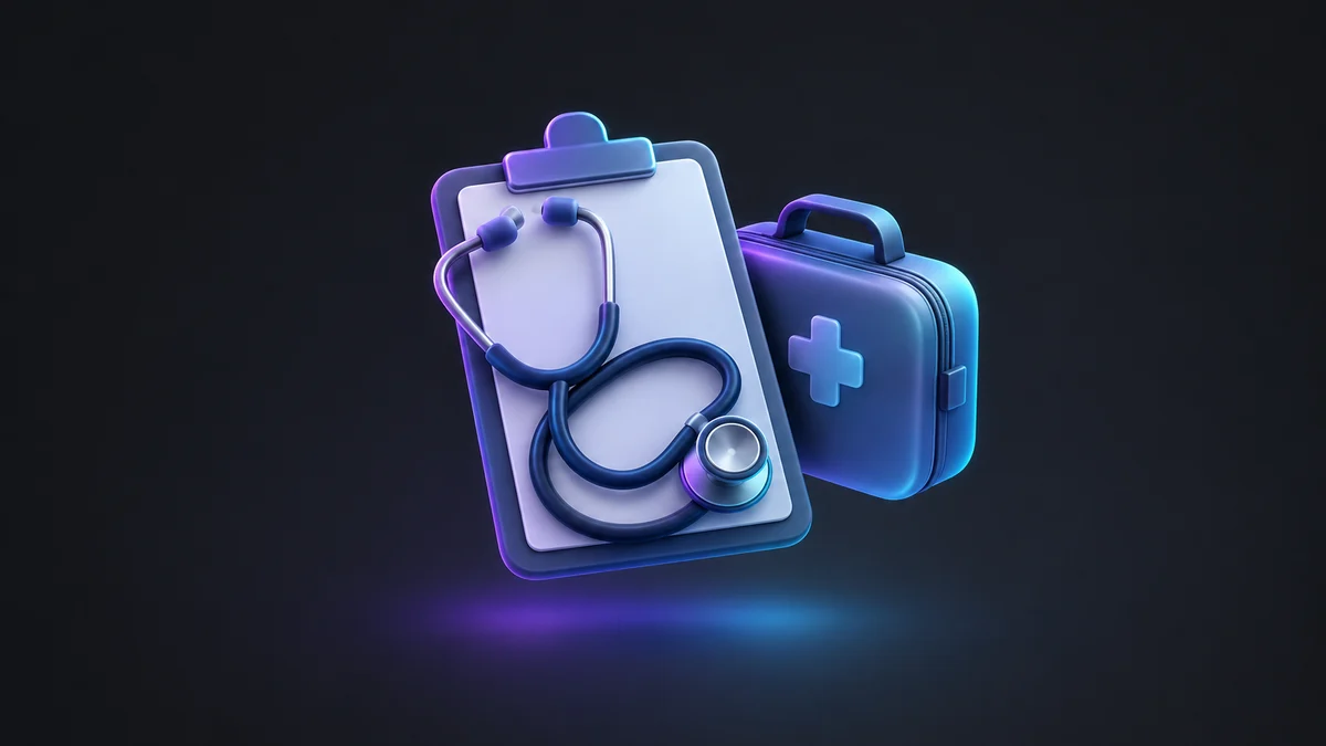 Illustration: a clipboard with a stethoscope draped across it beside a first aid case, lit in purple and blue.