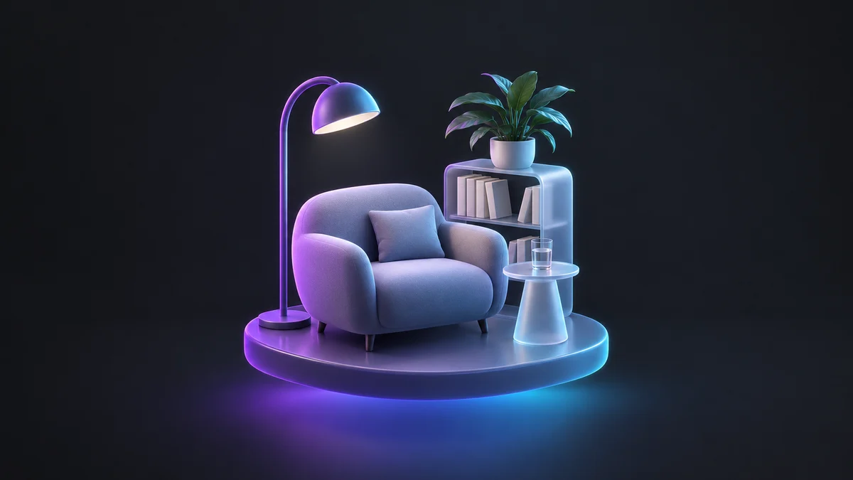 Illustration: a calm office corner with an armchair, a floor lamp, a bookshelf, a plant and a glass of water.