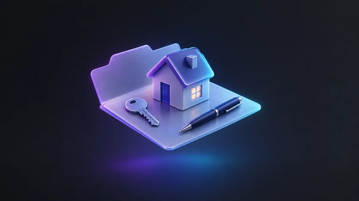 Illustration: a small house standing on an open folder beside a key and a pen, lit in purple and blue.