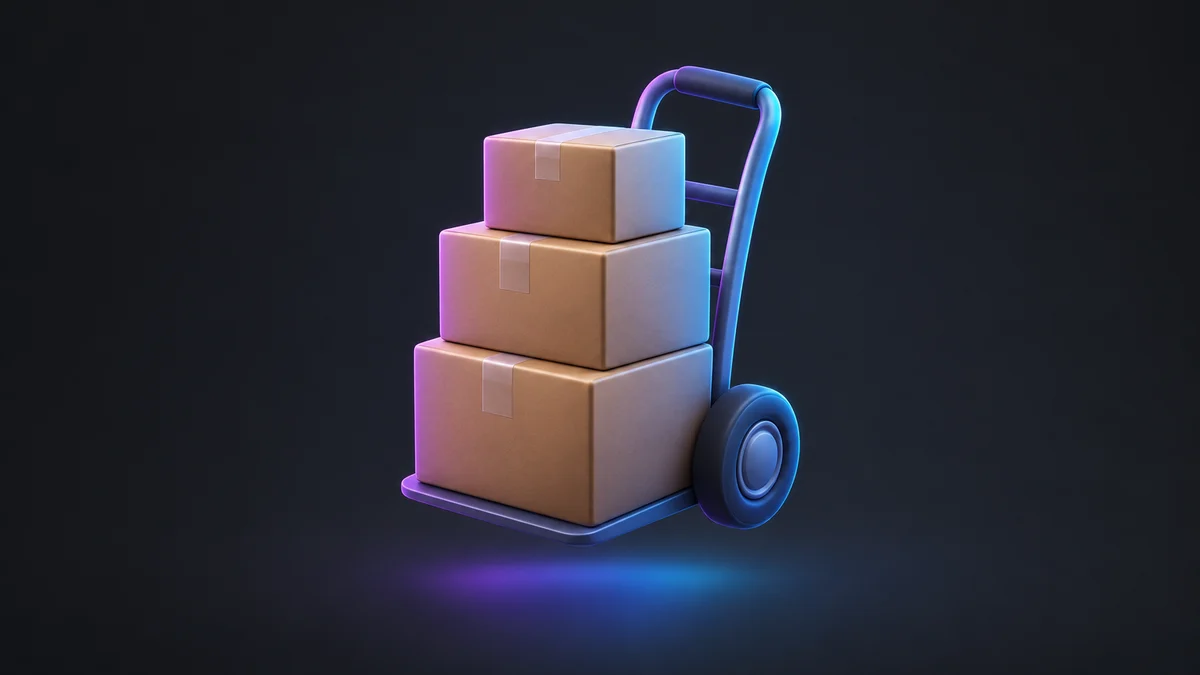 Illustration: three stacked moving boxes on a hand truck.