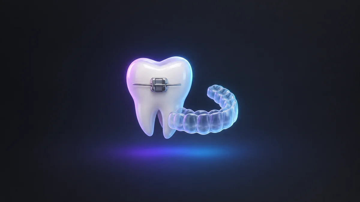Illustration: a white tooth wearing a single bracket beside a clear aligner tray.