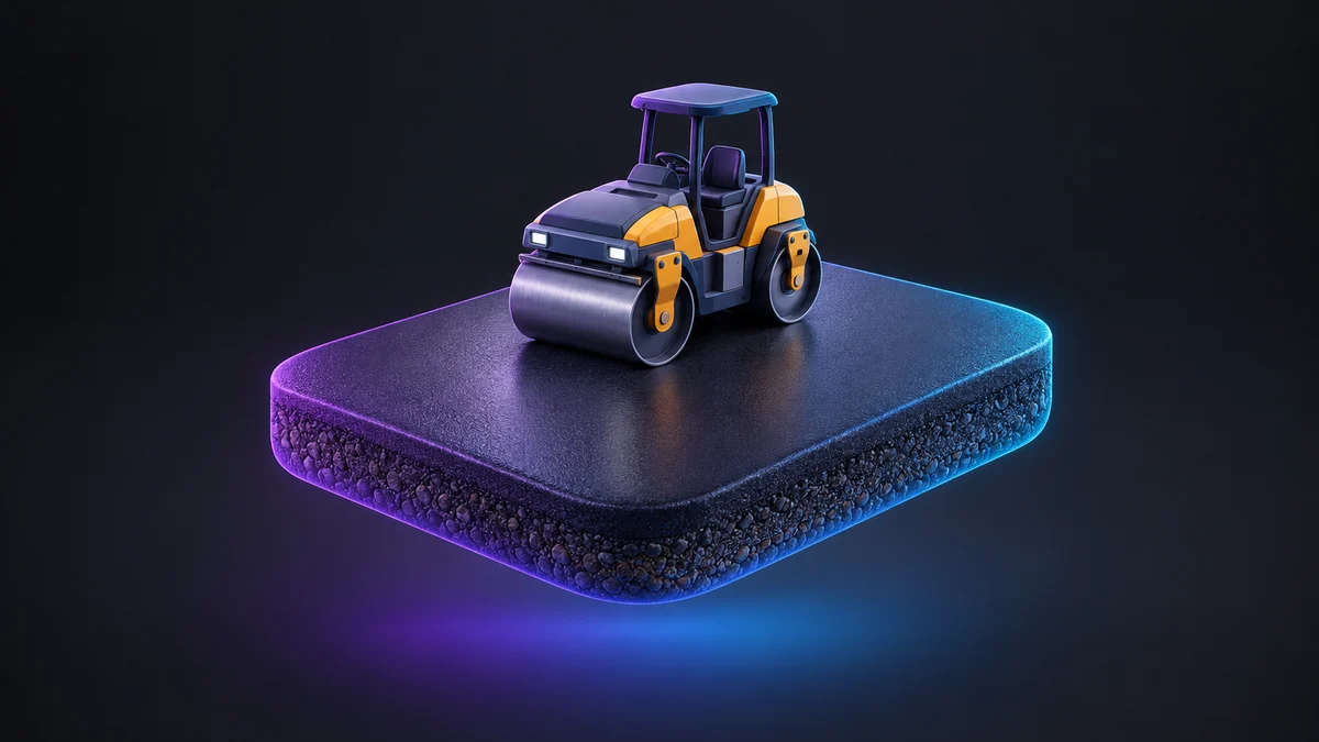 Illustration: a small asphalt roller parked on a floating slab of fresh blacktop, its gravel base showing along the edge.