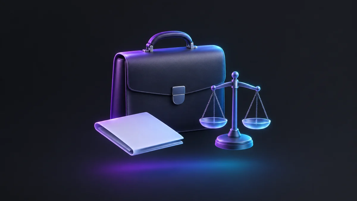 Illustration: a closed leather briefcase, a folded file and a small balance scale, lit in purple and blue.