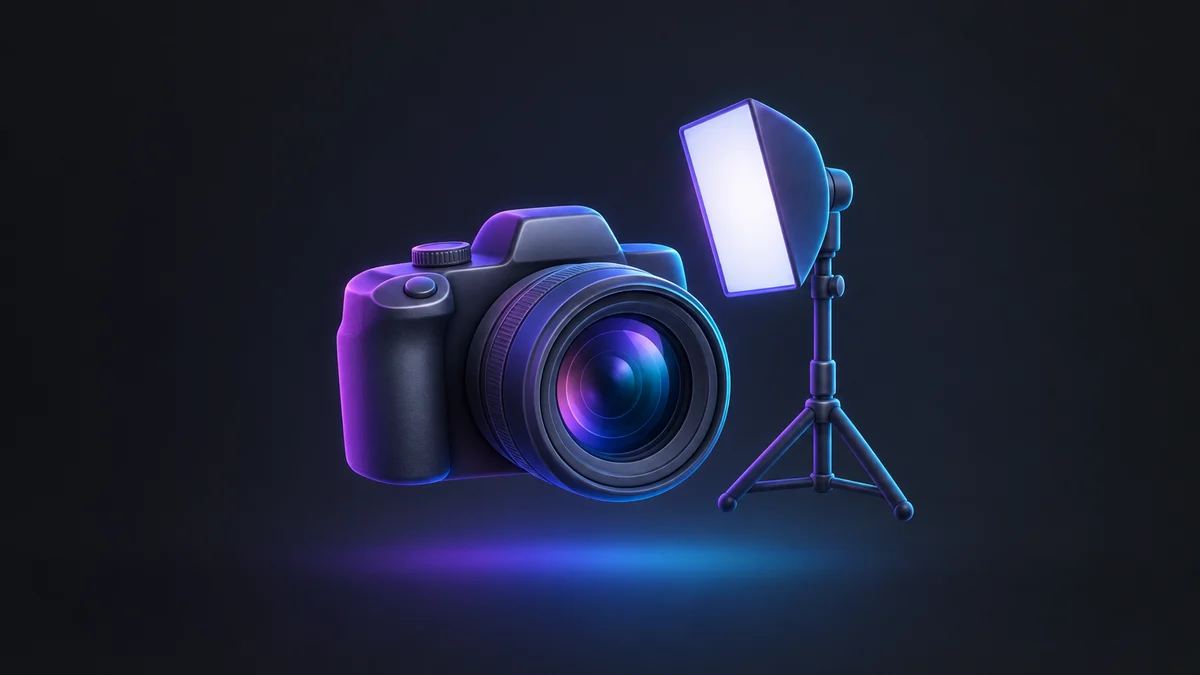 Illustration: a camera with a large lens beside a softbox light on a stand, lit in purple and blue.