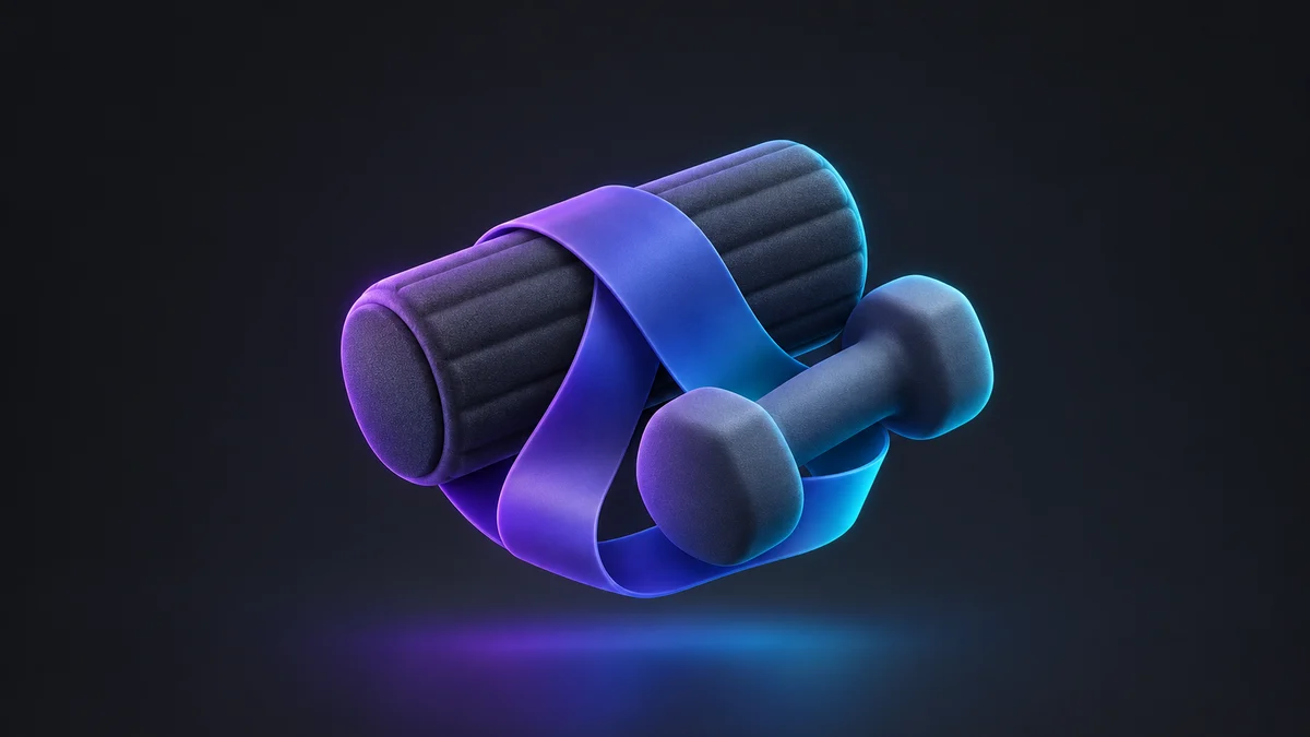 Illustration: a foam roller wrapped in a resistance band beside a small dumbbell.