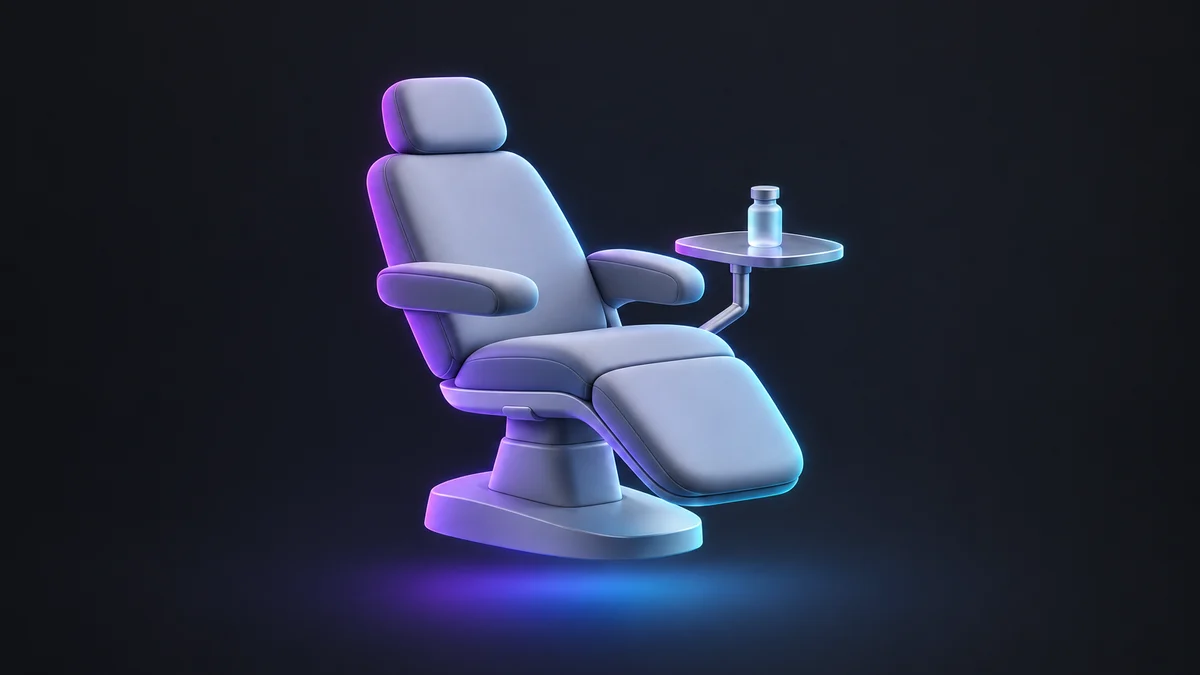 Illustration: a reclining consultation chair beside a small side tray holding a glass vial, lit in purple and blue.