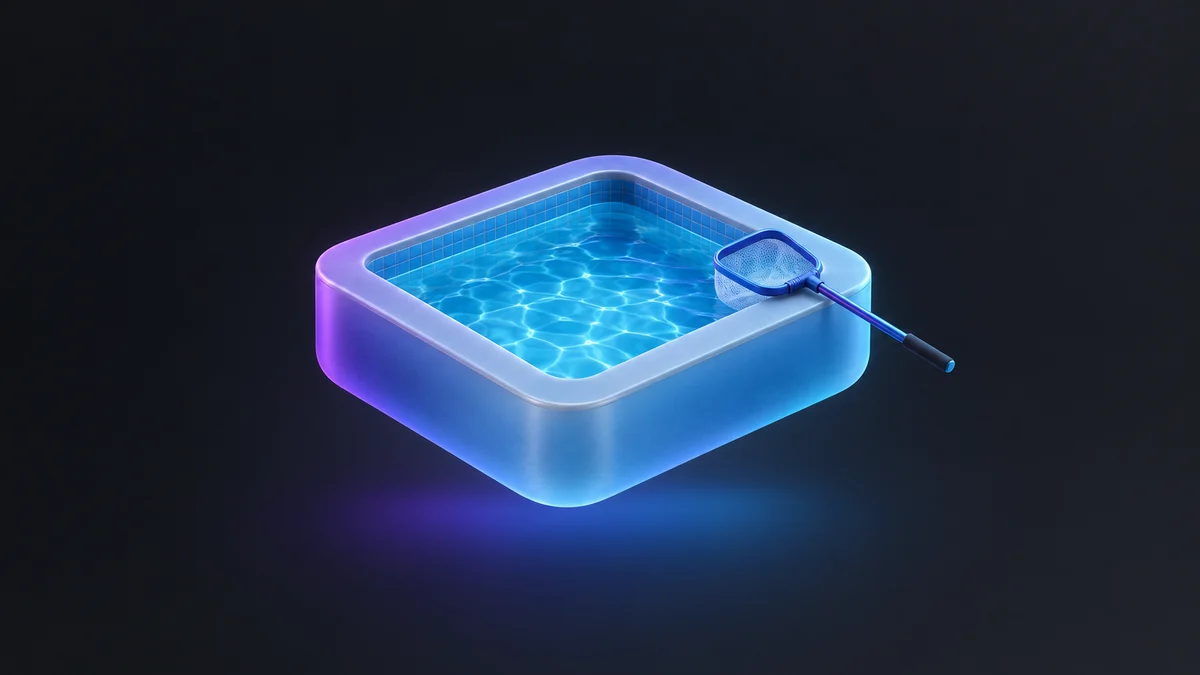 Illustration: a small pool of clear blue water with a skimmer net resting on its edge.