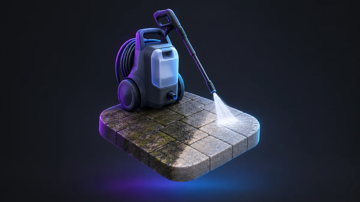 Illustration: a pressure washer with a hose reel spraying a mossy paver tile, half of it already washed clean.