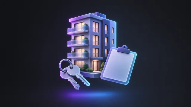 Illustration: an apartment building with a ring of keys and a clipboard
