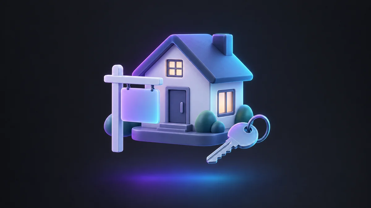 Illustration: a small house with a blank yard sign post and a house key beside it, lit in purple and cyan on charcoal.
