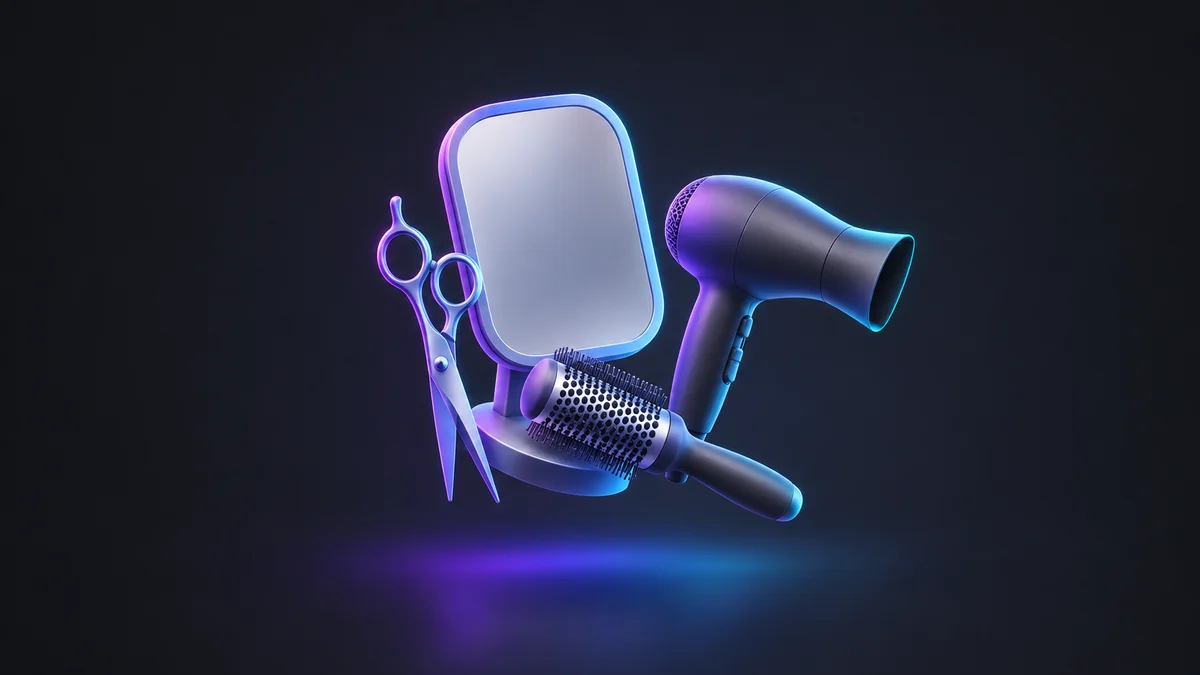 Illustration: a salon mirror with shears, a round brush and a hair dryer, lit in purple and blue.